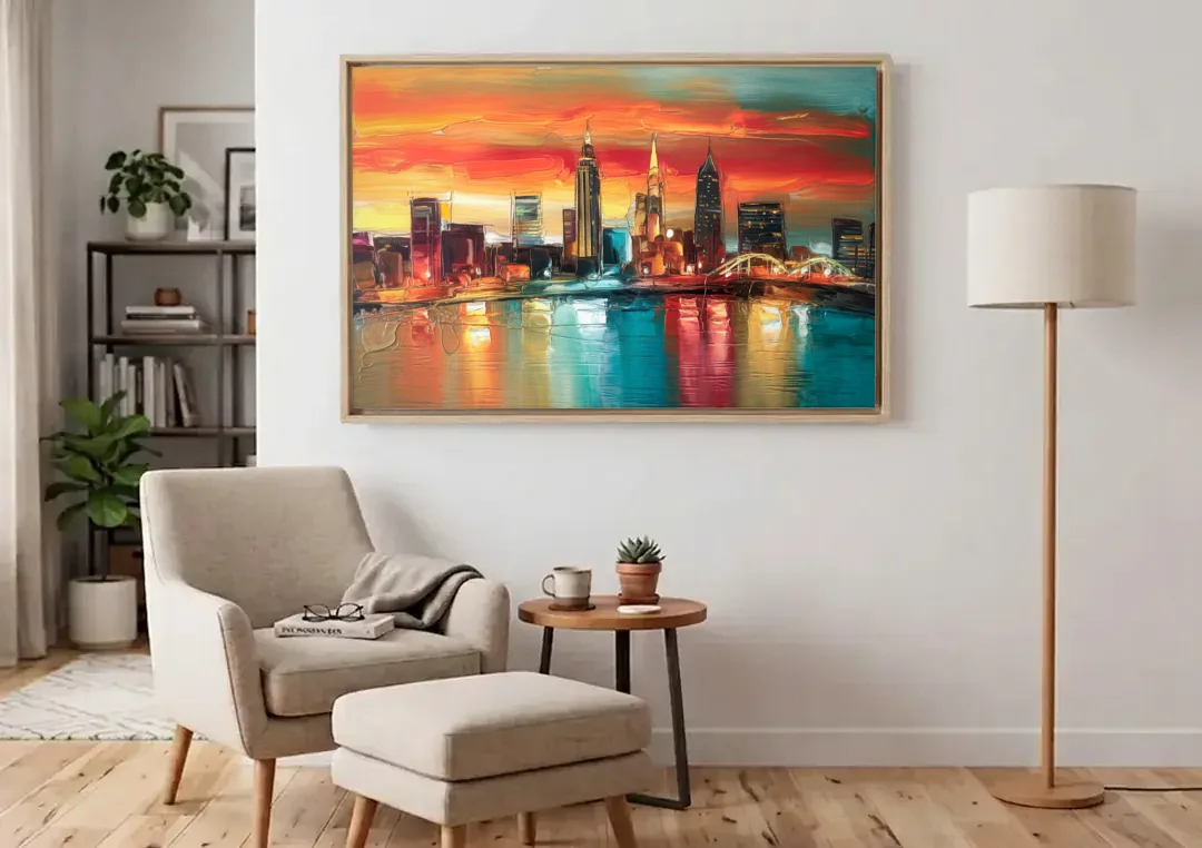 Cleveland Historic Landmarks Watercolor canvas wall art above an armchair in a bright living room
