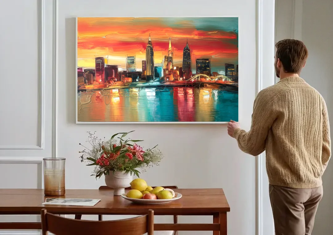 Cleveland Historic Landmarks Watercolor canvas wall art above a dining table