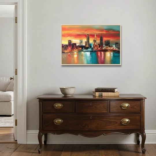 Cleveland Historic Landmarks Watercolor - Oak Framed Canvas Wall Art - Coffee Table - 36x24