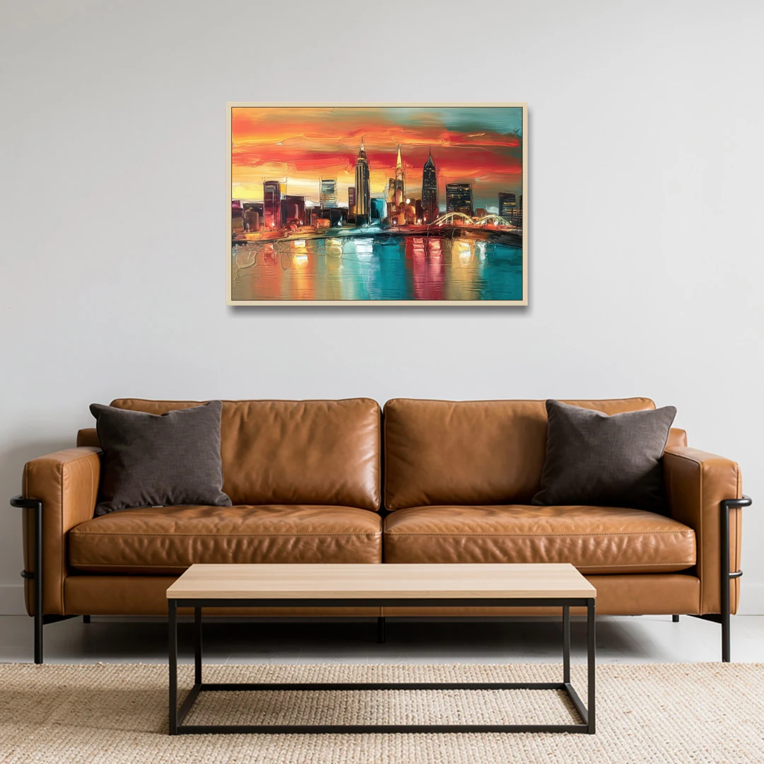 Cleveland Historic Landmarks Watercolor - Oak Framed Canvas Wall Art - Sofa - 36x24