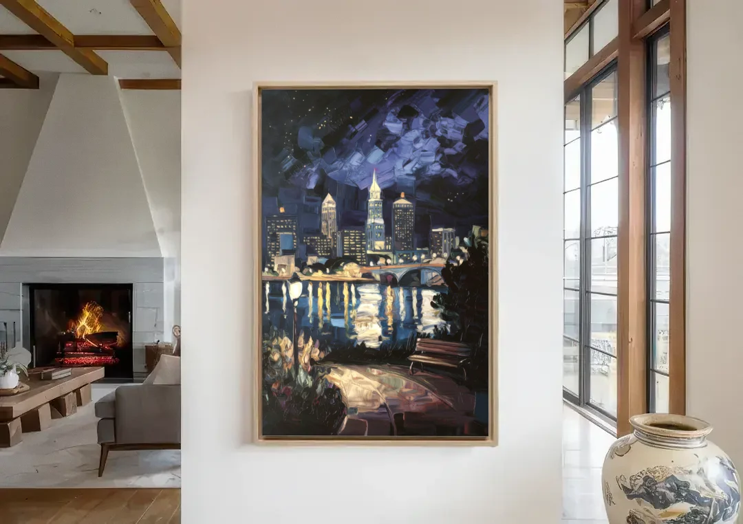 Cleveland Nighttime Lights canvas wall art in a living room with a fireplace