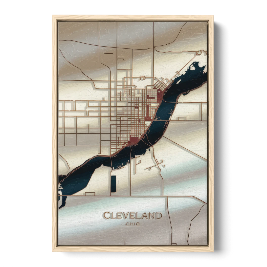 Cleveland Ohio Map Design - Oak Framed Canvas Wall Art - Front