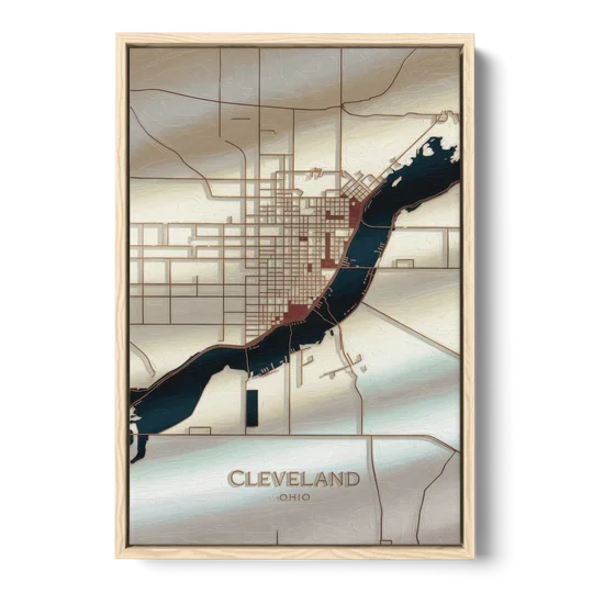 Cleveland Ohio Map Design - Oak Framed Canvas Wall Art - Front