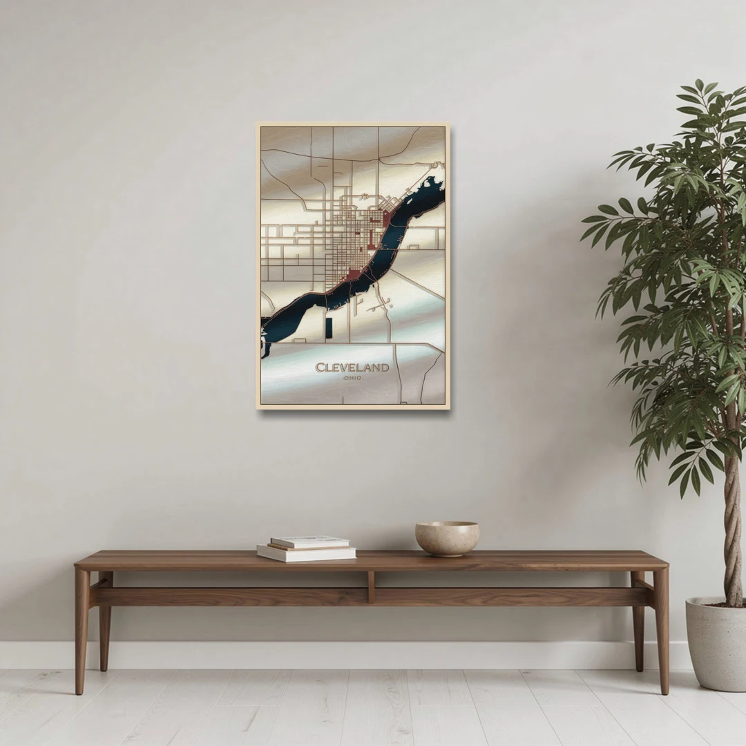 Cleveland Ohio Map Design - Oak Framed Canvas Wall Art - Coffee Table - 24x36