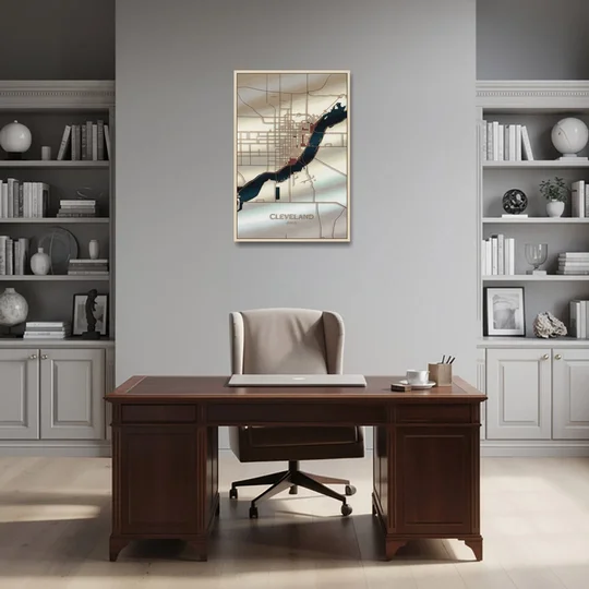 Cleveland Ohio Map Design - Oak Framed Canvas Wall Art - Office - 24x36