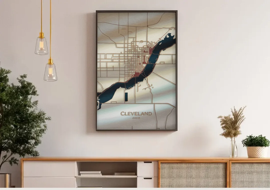 Cleveland Ohio Map Design canvas wall art above a wooden sideboard under pendant lights