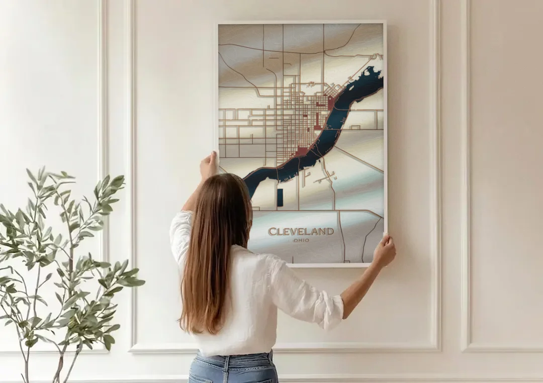 Cleveland Ohio Map Design canvas wall art being hung on a paneled wall