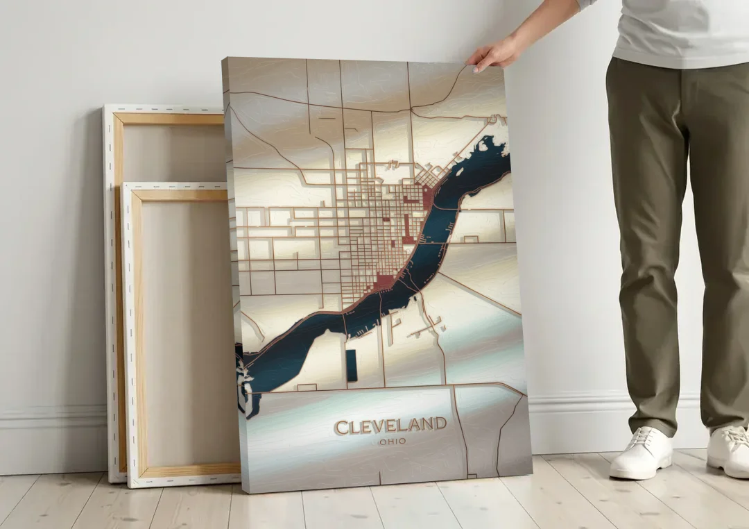 Cleveland Ohio Map Design canvas wall art leaning against a wall next to blank canvases