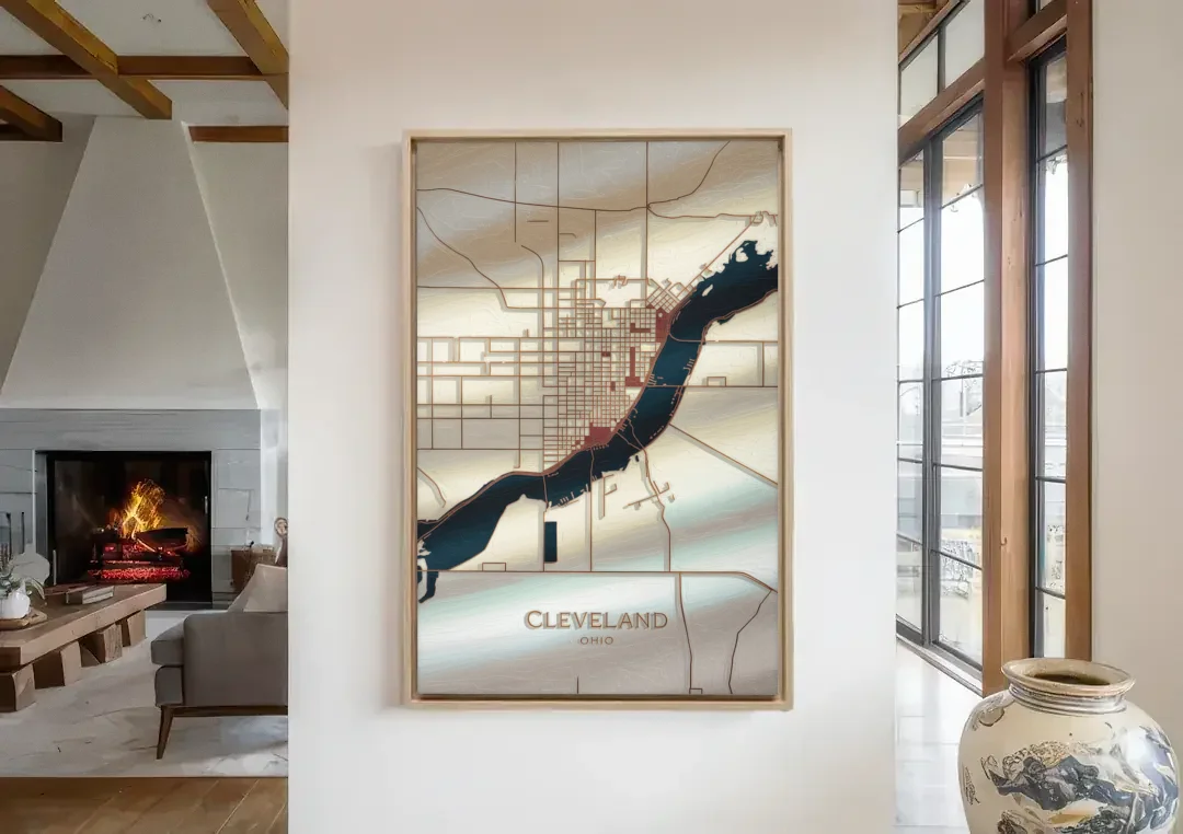 Cleveland Ohio Map Design canvas wall art in a living room with a fireplace