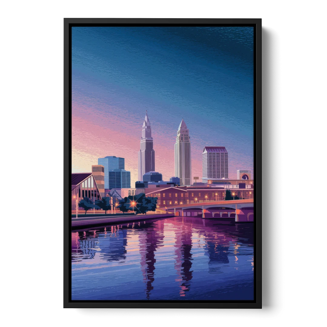Cleveland Ohio Skyline Silhouette - Black Framed Canvas Wall Art - Front