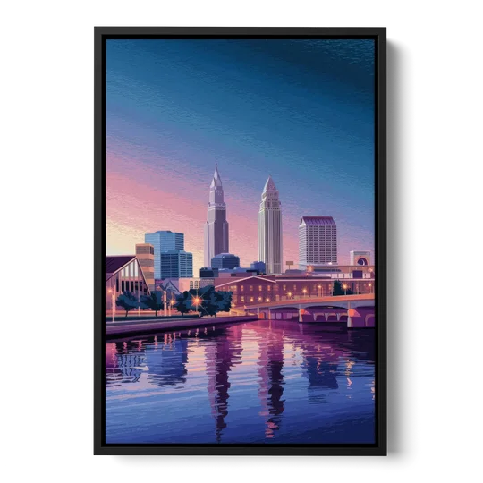 Cleveland Ohio Skyline Silhouette - Black Framed Canvas Wall Art - Front