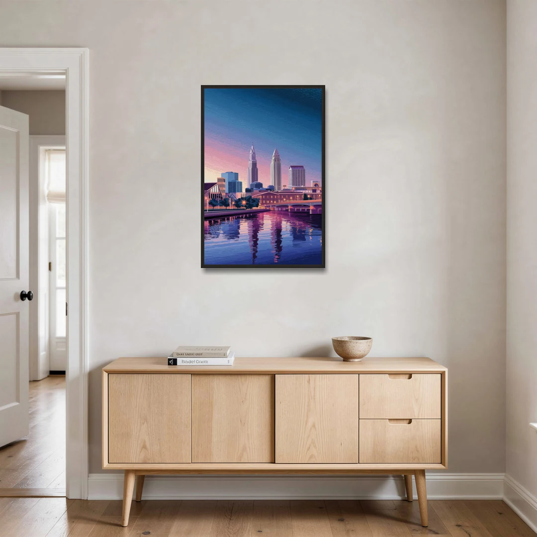 Cleveland Ohio Skyline Silhouette - Black Framed Canvas Wall Art - Coffee Table - 24x36