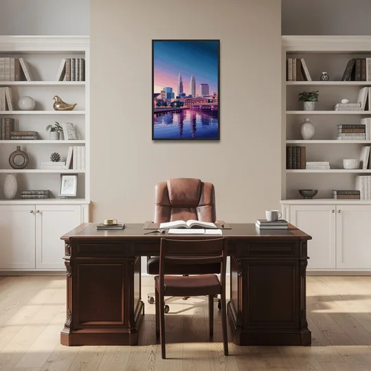 Cleveland Ohio Skyline Silhouette - Black Framed Canvas Wall Art - Office - 24x36