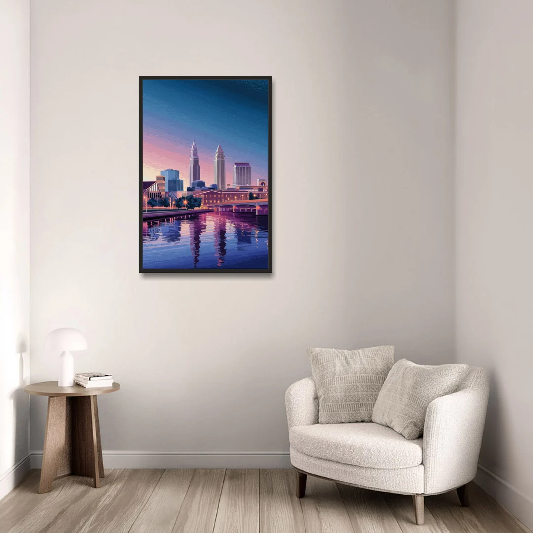 Cleveland Ohio Skyline Silhouette - Black Framed Canvas Wall Art - Sofa - 24x36