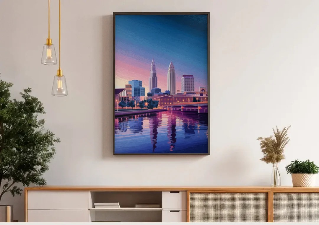 Cleveland Ohio Skyline Silhouette canvas wall art above a wooden sideboard under pendant lights