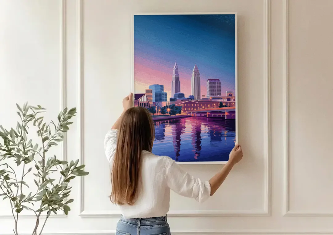 Cleveland Ohio Skyline Silhouette canvas wall art being hung on a paneled wall