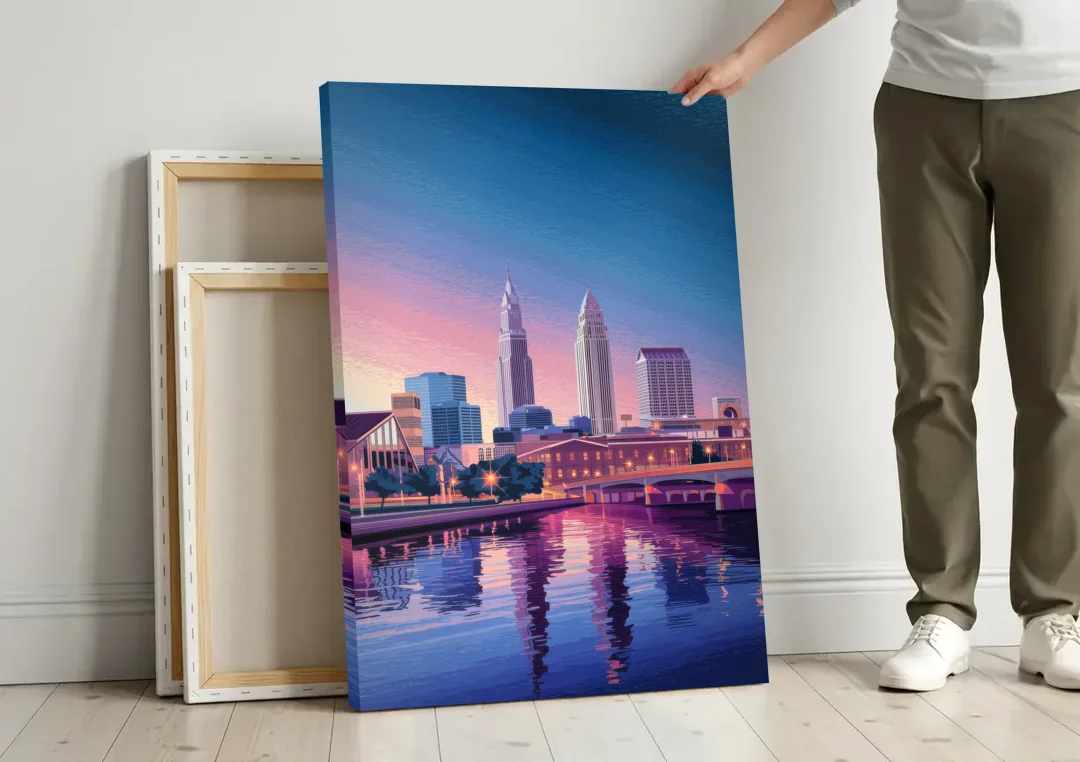 Cleveland Ohio Skyline Silhouette canvas wall art leaning against a wall next to blank canvases