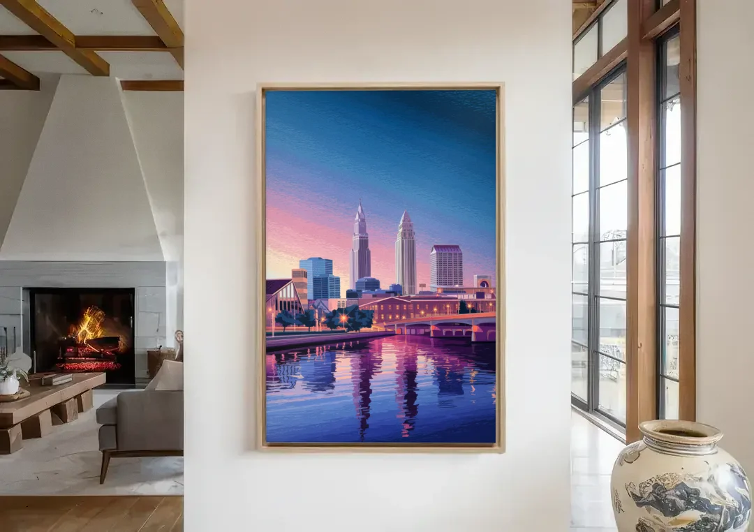 Cleveland Ohio Skyline Silhouette canvas wall art in a living room with a fireplace