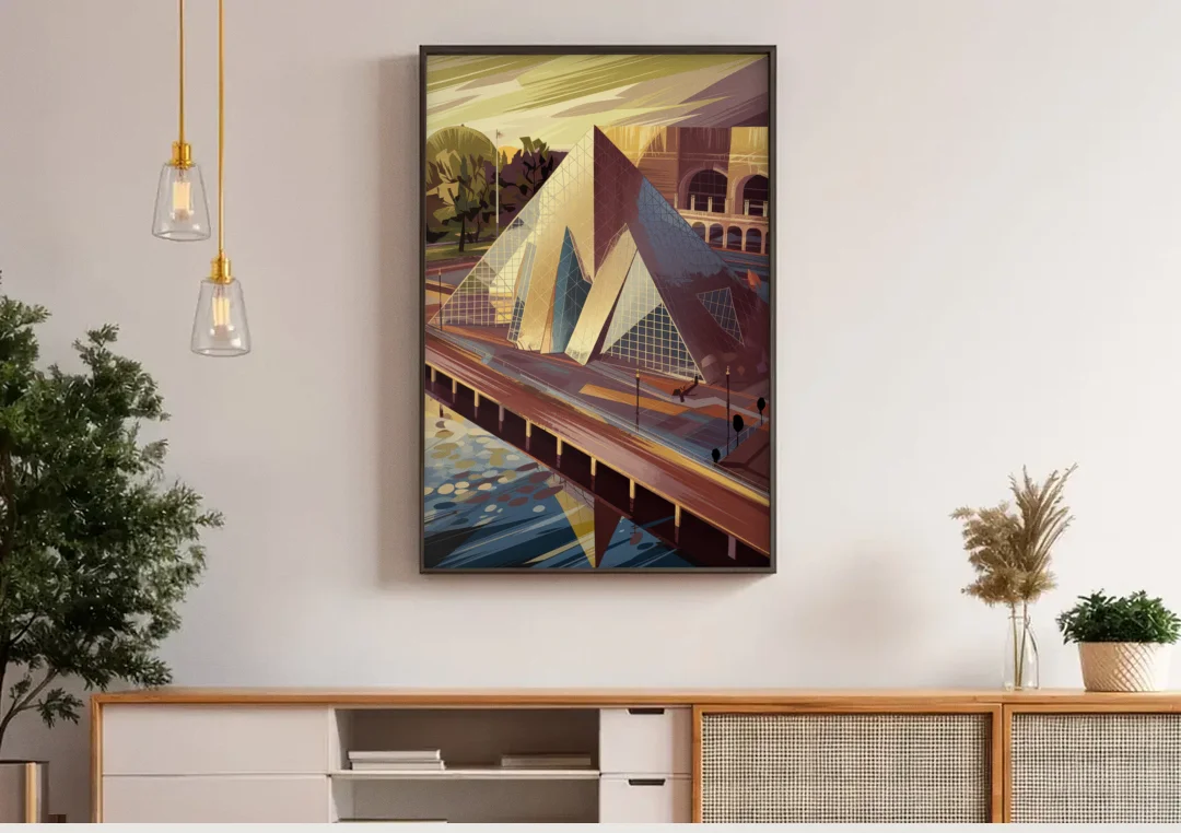 Cleveland Rock and Roll Hall of Fame canvas wall art above a wooden sideboard under pendant lights