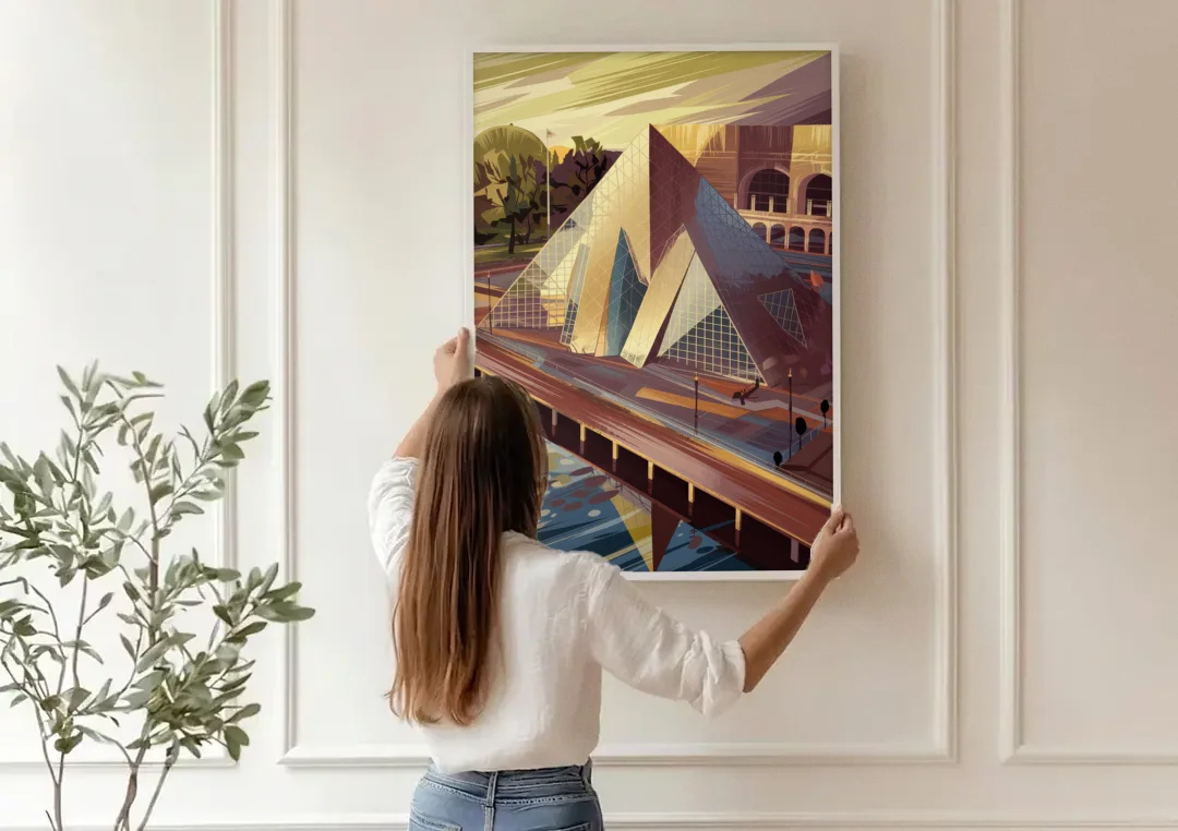 Cleveland Rock and Roll Hall of Fame canvas wall art being hung on a paneled wall
