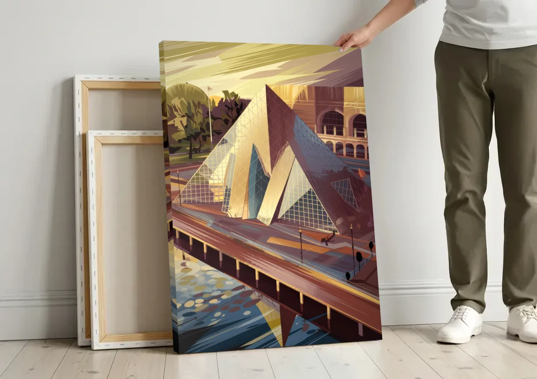Cleveland Rock and Roll Hall of Fame canvas wall art leaning against a wall next to blank canvases