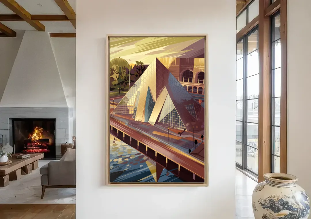 Cleveland Rock and Roll Hall of Fame canvas wall art in a living room with a fireplace