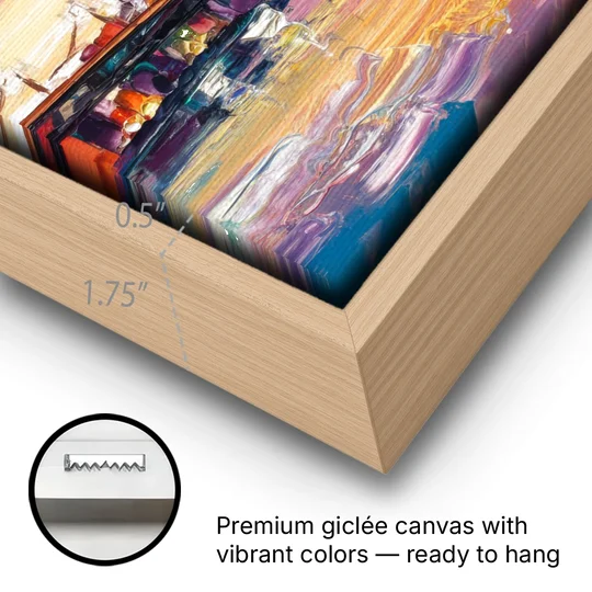 Cleveland Skyline At Sunset - Oak Framed Canvas Wall Art - Gallery Wrap Corner