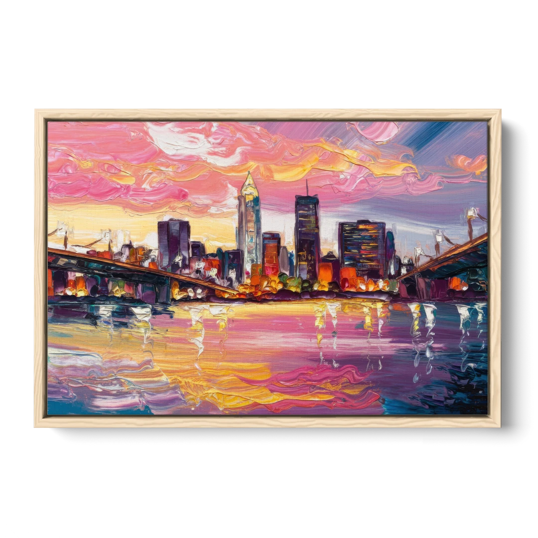 Cleveland Skyline At Sunset - Oak Framed Canvas Wall Art - Front