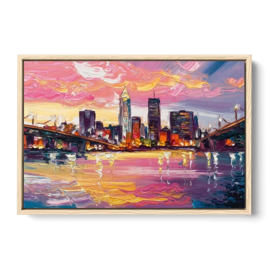 Cleveland Skyline At Sunset - Oak Framed Canvas Wall Art - Front