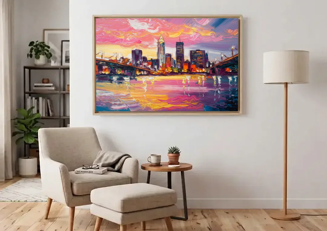 Cleveland Skyline At Sunset canvas wall art above an armchair in a bright living room