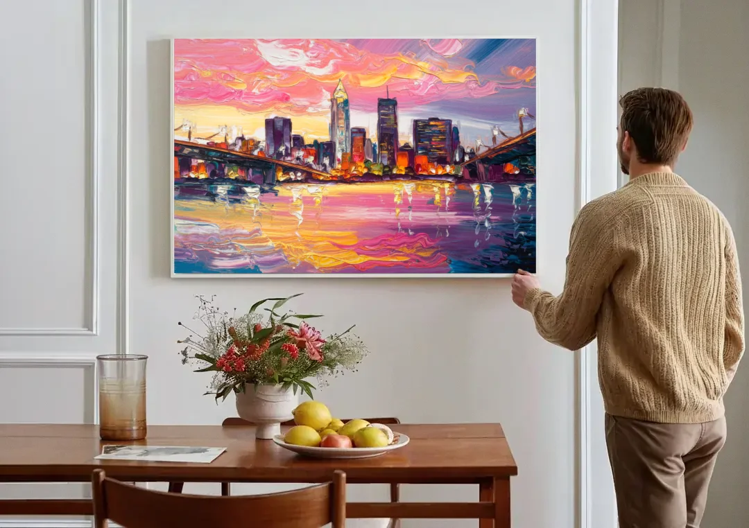 Cleveland Skyline At Sunset canvas wall art above a dining table