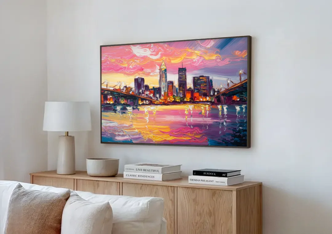 Cleveland Skyline At Sunset canvas wall art above a wooden sideboard next to a sofa