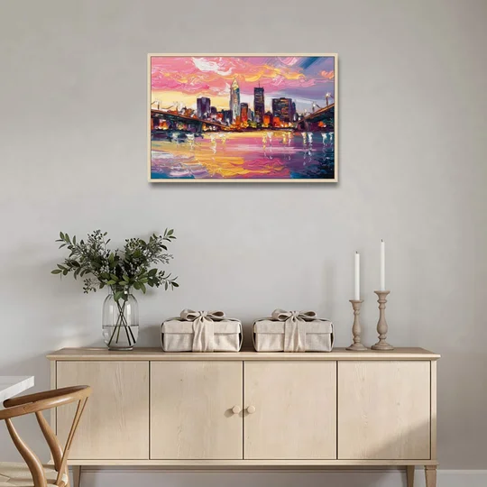 Cleveland Skyline At Sunset - Oak Framed Canvas Wall Art - Coffee Table - 36x24