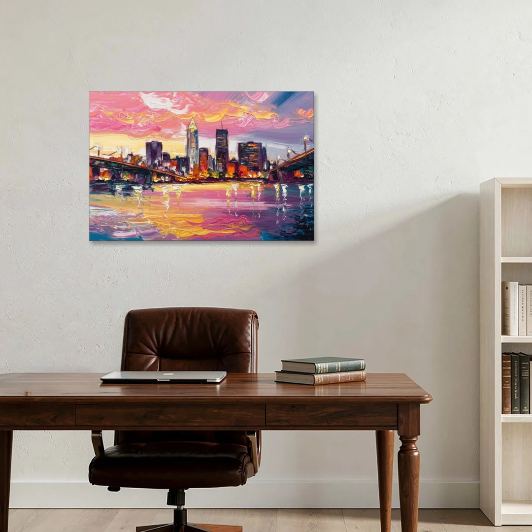 Cleveland Skyline At Sunset - Canvas Wall Art - Office - 36x24