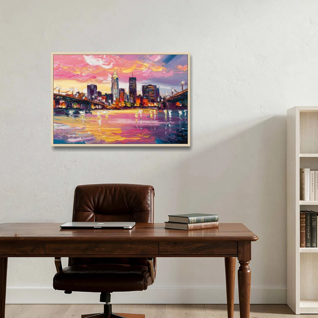 Cleveland Skyline At Sunset - Oak Framed Canvas Wall Art - Office - 36x24