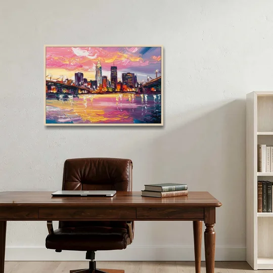 Cleveland Skyline At Sunset - Oak Framed Canvas Wall Art - Office - 36x24