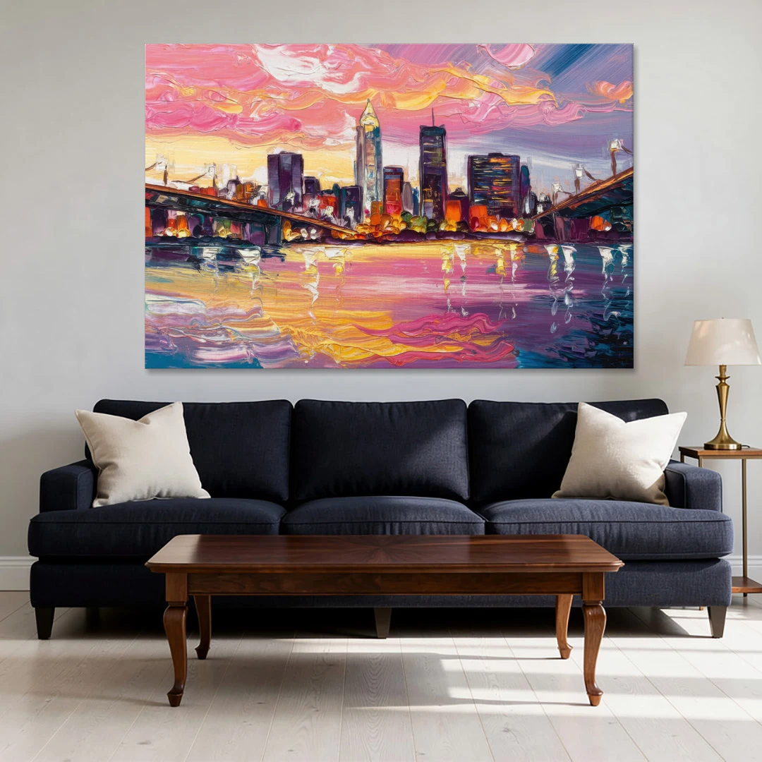 Cleveland Skyline At Sunset - Canvas Wall Art - Sofa - 60x40