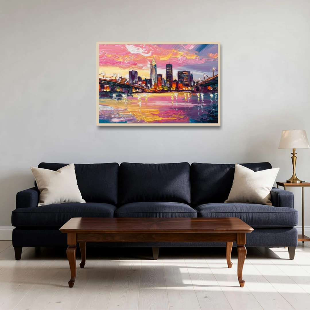 Cleveland Skyline At Sunset - Oak Framed Canvas Wall Art - Sofa - 36x24
