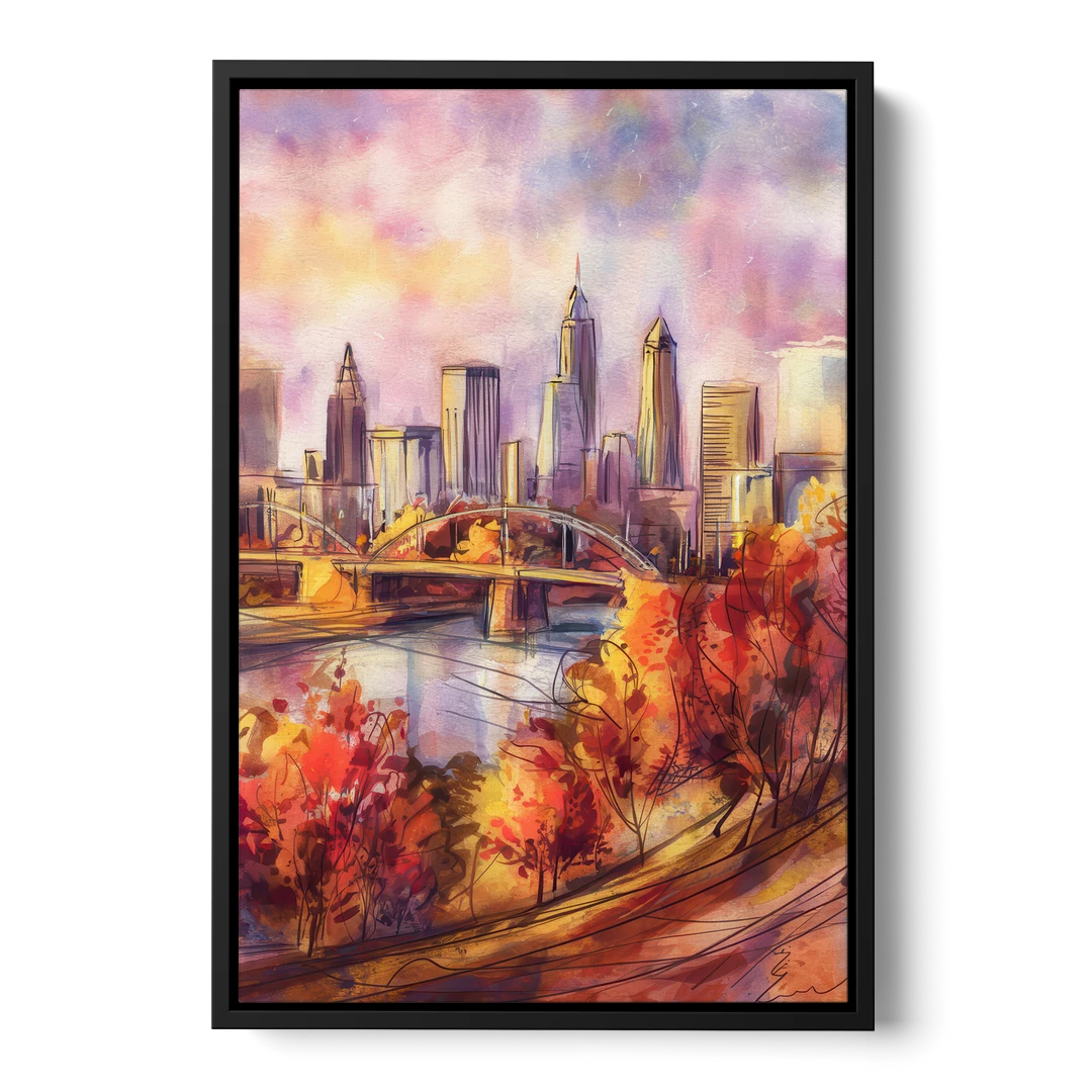 Cleveland Skyline in Autumn - Black Framed Canvas Wall Art - Front