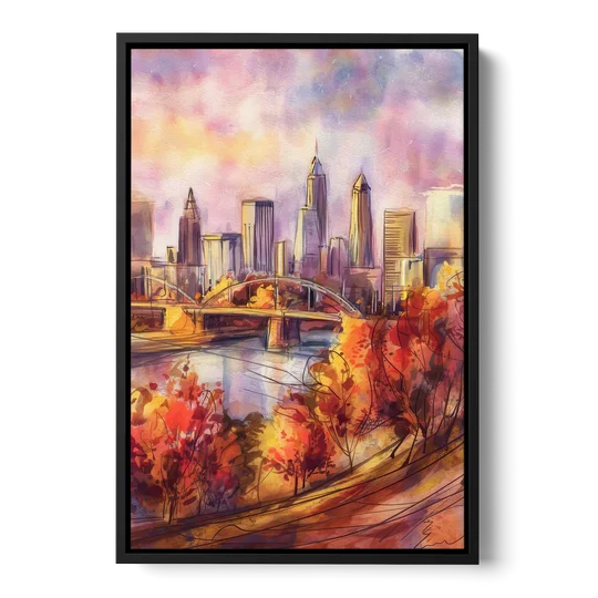 Cleveland Skyline in Autumn - Black Framed Canvas Wall Art - Front