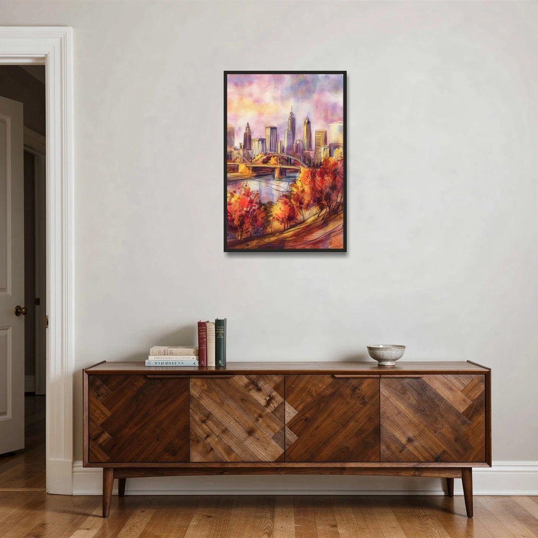 Cleveland Skyline in Autumn - Black Framed Canvas Wall Art - Coffee Table - 24x36