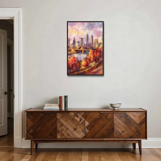 Cleveland Skyline in Autumn - Black Framed Canvas Wall Art - Coffee Table - 24x36