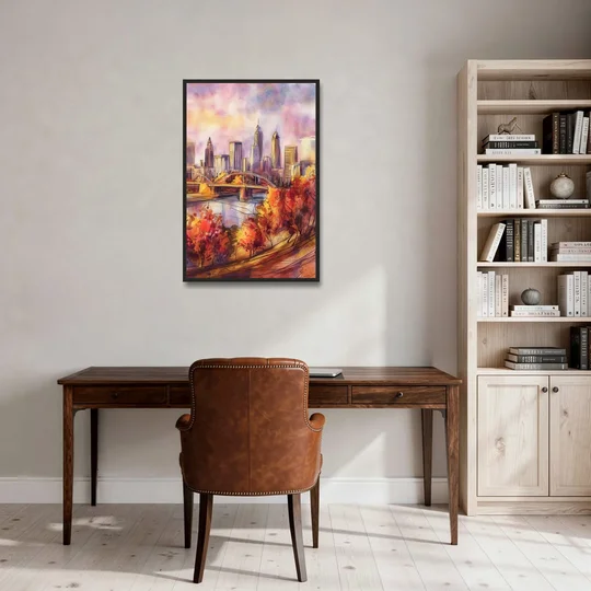 Cleveland Skyline in Autumn - Black Framed Canvas Wall Art - Office - 24x36