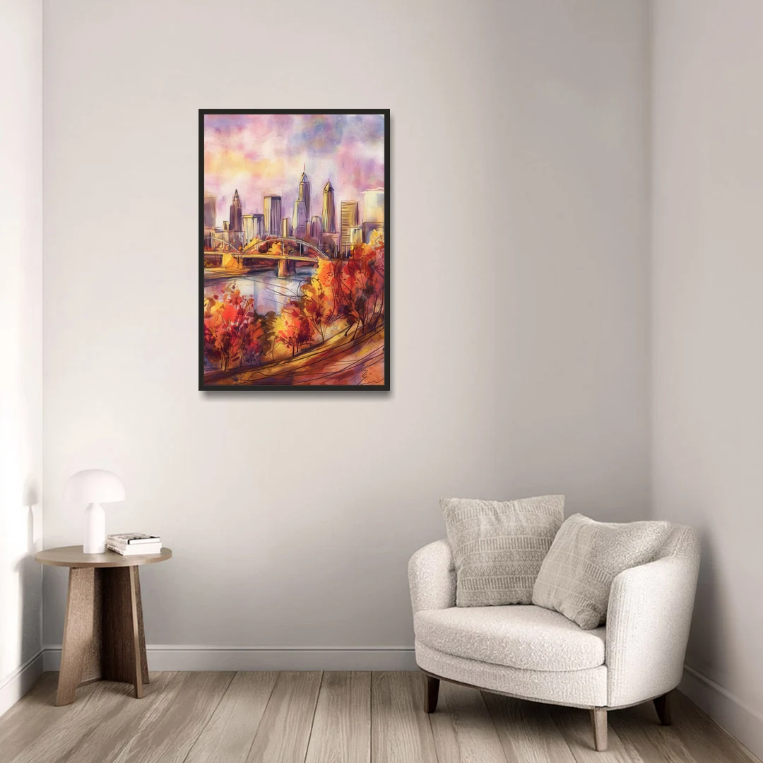 Cleveland Skyline in Autumn - Black Framed Canvas Wall Art - Sofa - 24x36
