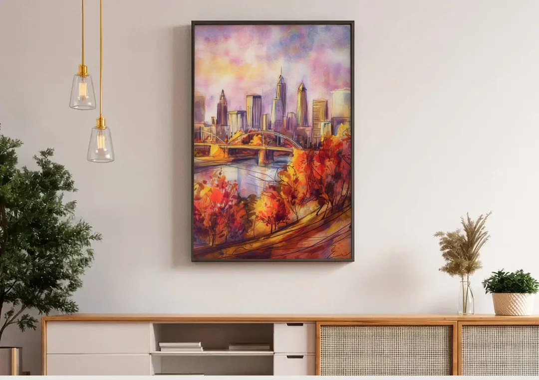 Cleveland Skyline in Autumn canvas wall art above a wooden sideboard under pendant lights