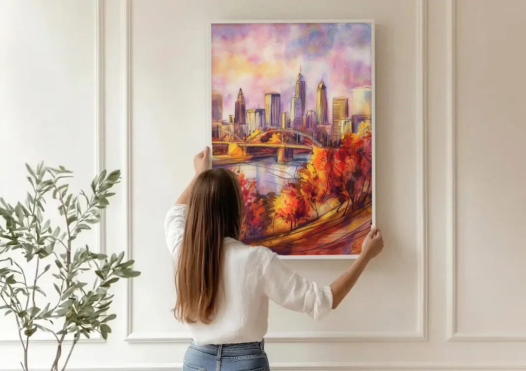Cleveland Skyline in Autumn canvas wall art being hung on a paneled wall