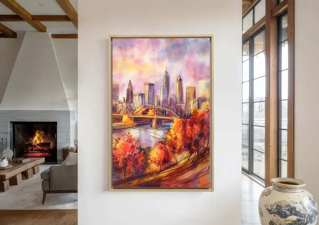 Cleveland Skyline in Autumn canvas wall art in a living room with a fireplace