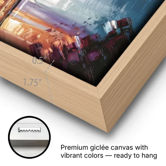 Cleveland Skyline Reflection - Oak Framed Canvas Wall Art - Gallery Wrap Corner