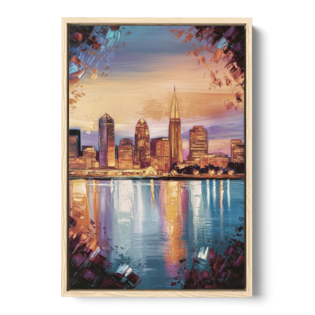 Cleveland Skyline Reflection - Oak Framed Canvas Wall Art - Front