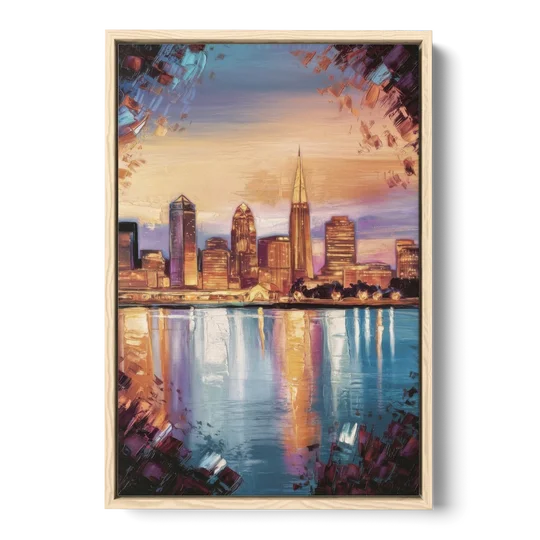 Cleveland Skyline Reflection - Oak Framed Canvas Wall Art - Front